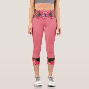 Pink Roses Abstract Oil Print Monogram & Name Capri Leggings