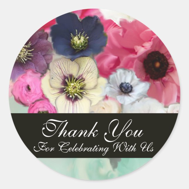 PINK ROSES AND ANEMONE FLOWERS BRIDAL SHOWER CLASSIC ROUND STICKER (Front)
