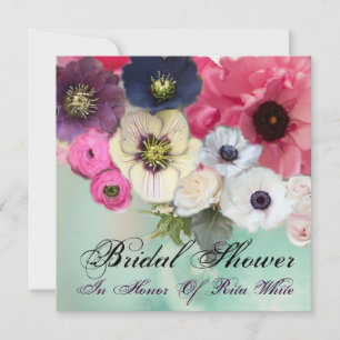 PINK ROSES AND ANEMONE FLOWERS BRIDAL SHOWER INVITATION