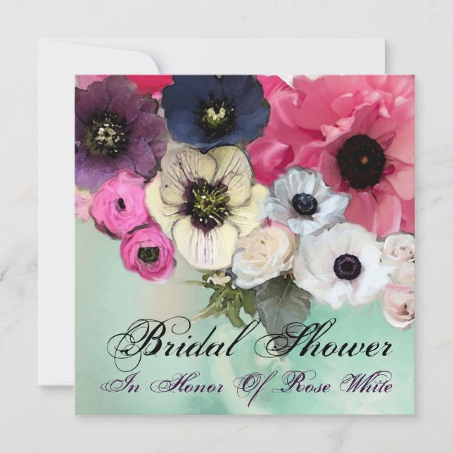 PINK ROSES AND ANEMONE FLOWERS BRIDAL SHOWER INVITATION (Front)