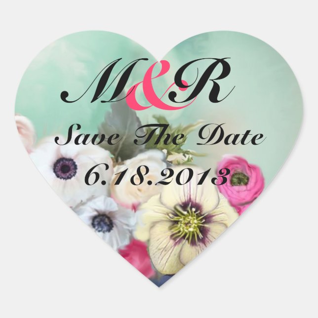 PINK ROSES AND ANEMONE FLOWERS Save the date Heart Heart Sticker (Front)