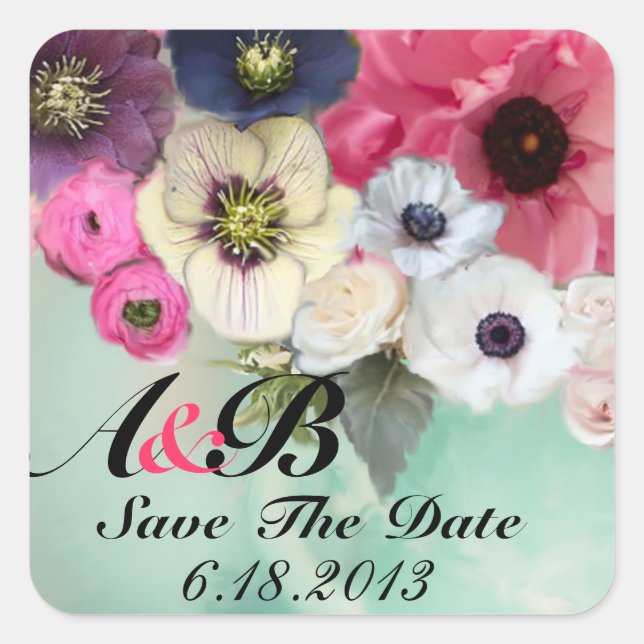 PINK ROSES AND ANEMONE FLOWERS Save the date Square Sticker (Front)