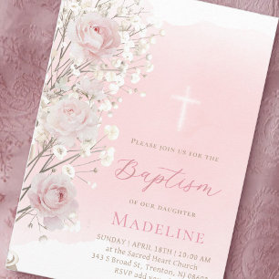 pink roses and baby's breath   Baptism baby girl  Invitation