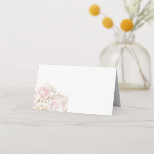 pink roses and baby's breath bouquet place card