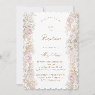 Pink roses and Baby's Breath flowers Baptism Invitation