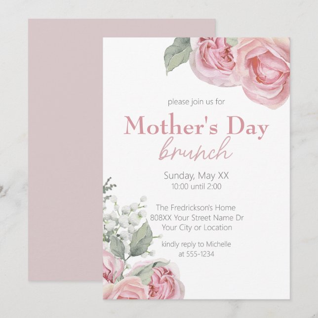 Pink Roses and Baby's Breath Mother's Day Brunch Invitation (Front/Back)