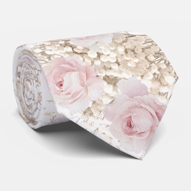 pink roses and baby's breath pattern tie (Rolled)