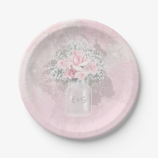 Pink Roses and Baby's Breath Wedding Paper Plate (Front)