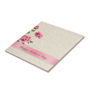 Pink Roses And Beige Damask- Happy Mothers's Day Tile