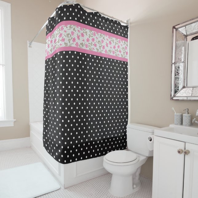 Pink Roses And Black And White Polka Dots Shower Curtain (In Situ)