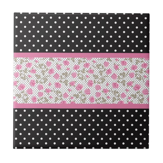 Pink Roses And Black and White Polka Dots Tile (Front)
