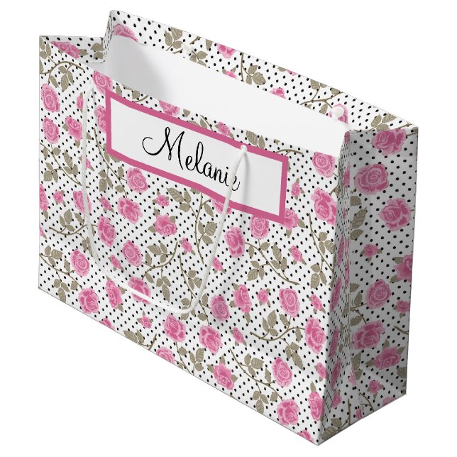 Pink Roses and Black Polka Dots Large Gift Bag (Front Angled)