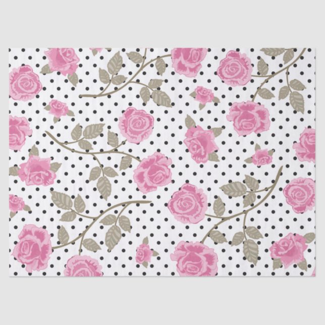Pink Roses and Black Polka Dots   Tissue Paper (Front)