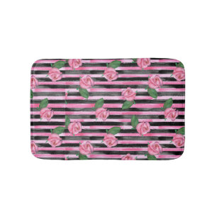 Pink Roses and Black Stripes Bath Rug