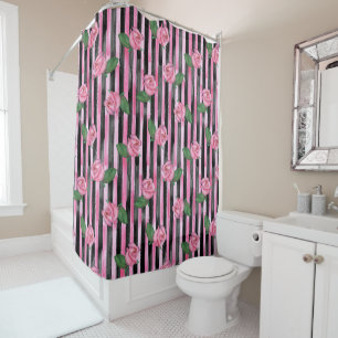 Pink Roses and Black Stripes Shower Curtain