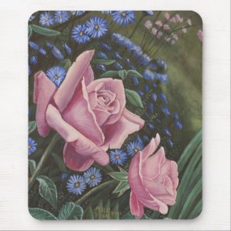 Pink Roses And Blue Flowers Mousepad
