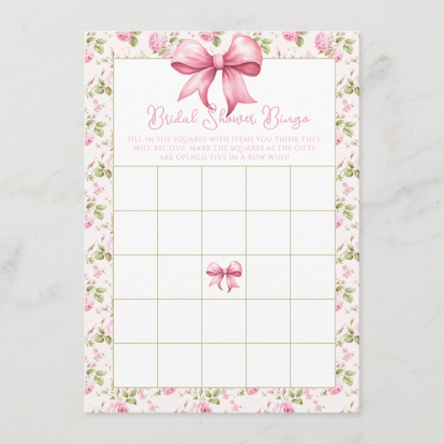 Pink Roses and Bows Coquette Bridal Shower Bingo  Enclosure Card (Front)