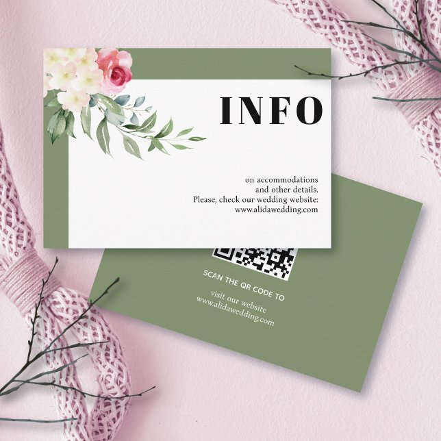 Pink roses and branch sage green wedding details enclosure card (Creator Uploaded)