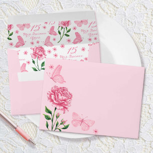 Pink Roses and Butterflies Quinceañera Birthday Envelope