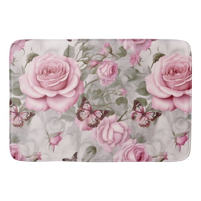 Pink Roses and Butterflies Watercolor  Bath Mat (Front)