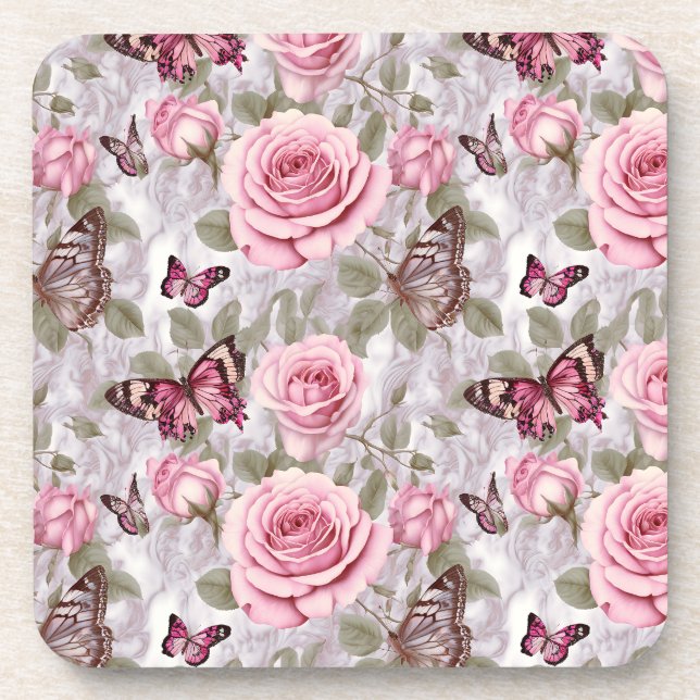 Pink Roses and Butterflies Watercolor Floral Coaster (Front)