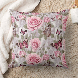 Pink Roses and Butterflies Watercolor Floral Cushion