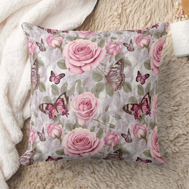 Pink Roses and Butterflies Watercolor Floral Cushion (Blanket)