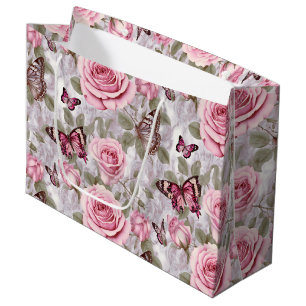 Pink Roses and Butterflies Watercolor Floral Large Gift Bag