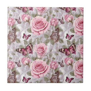 Pink Roses and Butterflies Watercolor Floral Tile