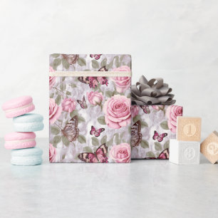 Pink Roses and Butterflies Watercolor Floral Wrapping Paper