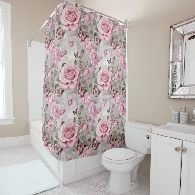 Pink Roses and Butterflies Watercolor  Shower Curtain (In Situ)