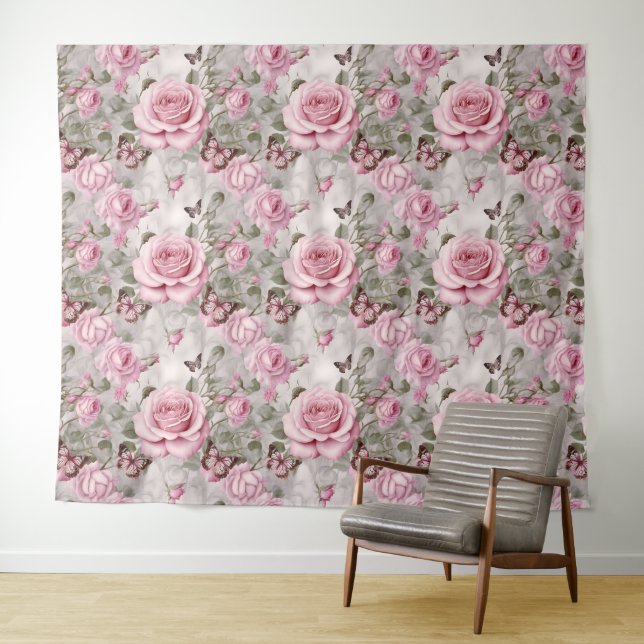 Pink Roses and Butterflies Watercolor  Tapestry (In Situ (Horizontal))