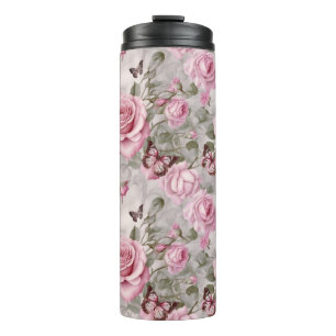 Pink Roses and Butterflies Watercolor  Thermal Tumbler
