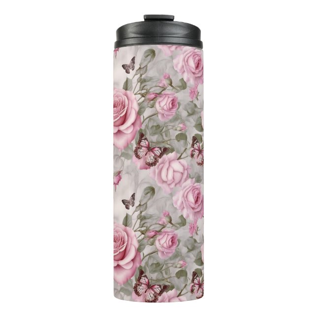 Pink Roses and Butterflies Watercolor  Thermal Tumbler (Front)