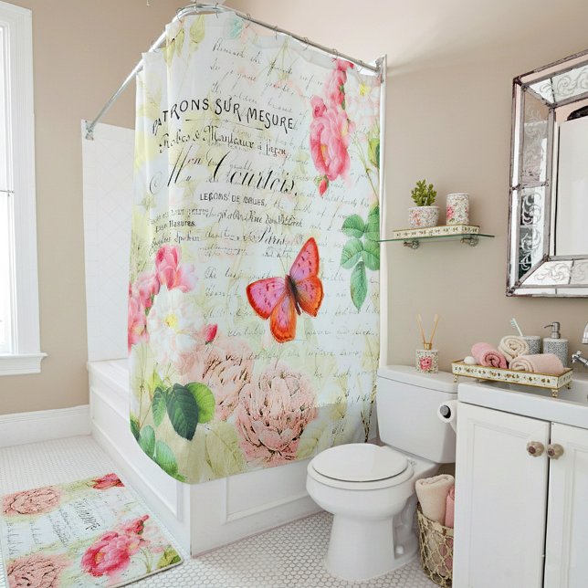 Pink roses and butterfly shower curtain (Creator Uploaded)