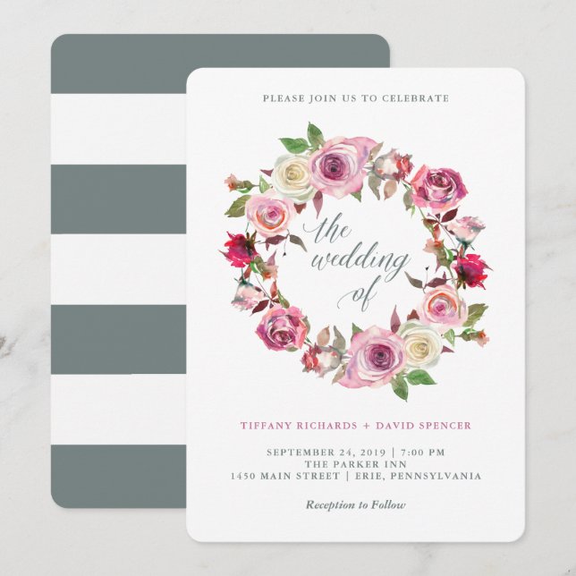 Pink Roses and Chic Grey Stripes | Wedding Wreath Invitation (Front/Back)