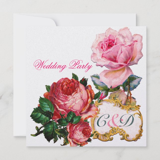 PINK ROSES AND CUPID LACE HEART  WEDDING  MONOGRAM INVITATION (Front)