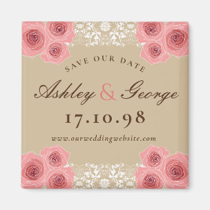 Pink Roses And Damask Lace Vintage Save The Date Magnet