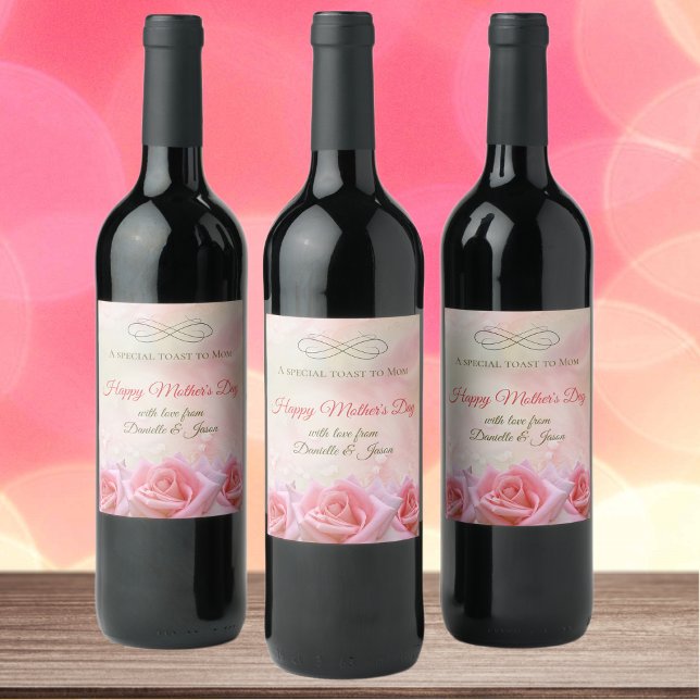 Pink Roses and Dew Drops Mother's Day Wine Label (Creator Uploaded)
