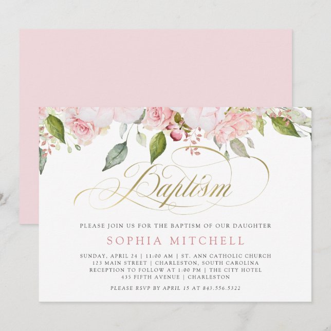 Pink Roses and Elegant Gold Script | Baptism Invitation (Front/Back)