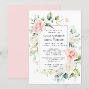 Pink Roses and Eucalyptus Frame Pink Back Wedding Invitation