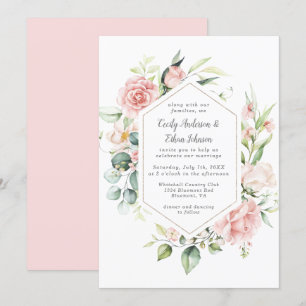 Pink Roses and Eucalyptus Gold Geometric Frame Invitation