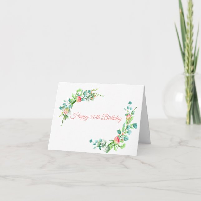 Pink Roses and Eucalyptus Milestone Birthday Card (Front)