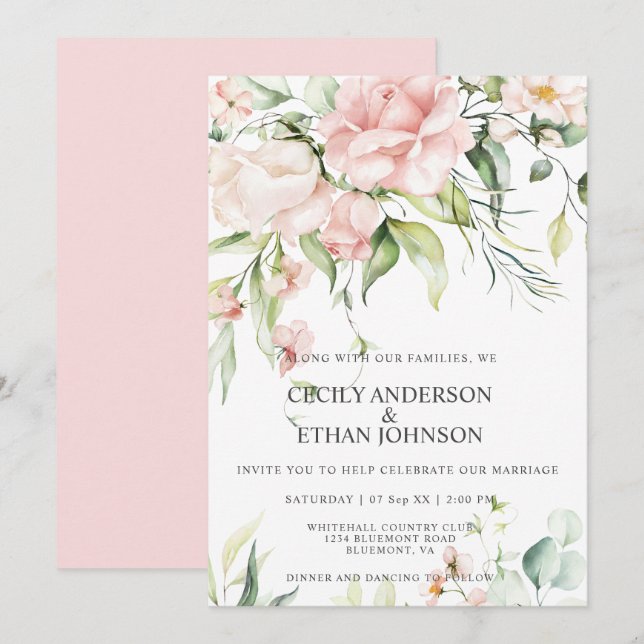 Pink Roses and Eucalyptus Pink Back Wedding Invitation (Front/Back)