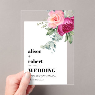 Pink roses and eucalyptus white frame wedding acrylic invitations