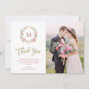 Pink Roses and Faux Gold Script   Photo Wedding Thank You Card