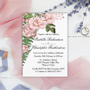 Pink Roses and Ferns Wedding Invitation
