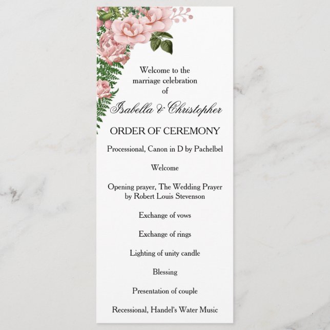 Pink Roses and Ferns Wedding Program Programme (Front)