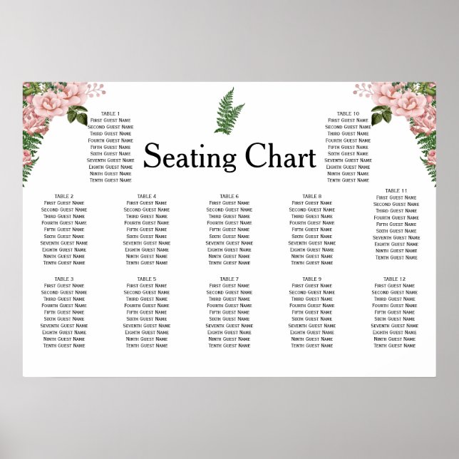 Pink Roses and Ferns Wedding Reception Seating Poster (Front)