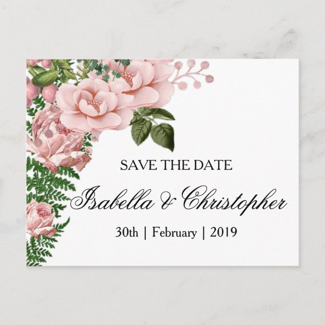 Pink Roses and Ferns Wedding Save the Date Announcement Postcard (Front)